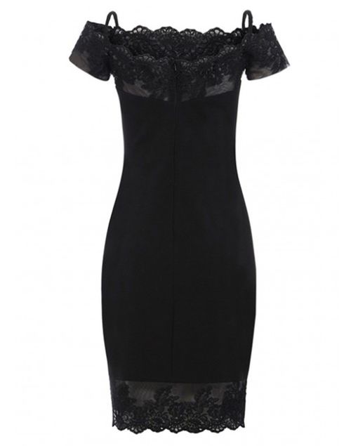 Black cocktail dress with lace bardot neckline and see-through - Penelope