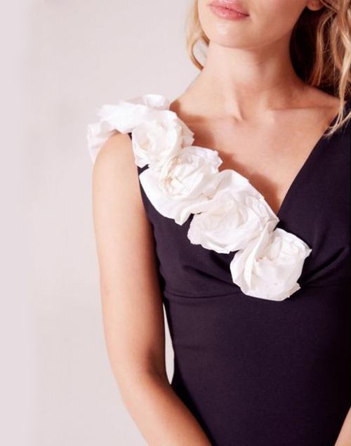 Black Cocktail Dress With V-Neckline And White Floral Detail - Amy