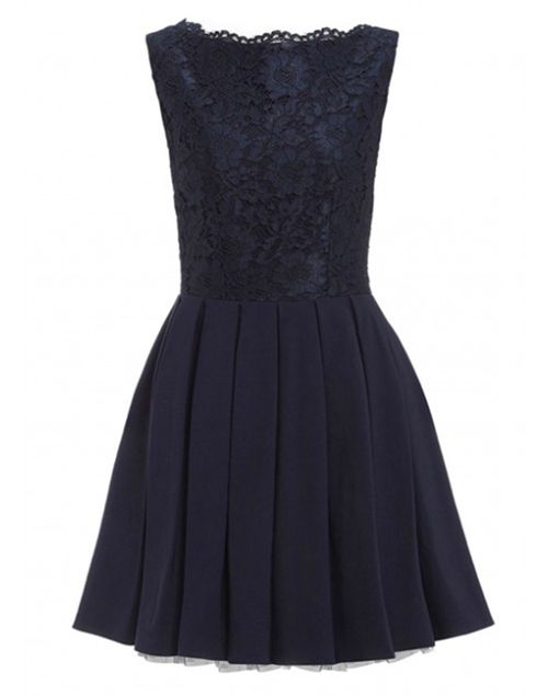 Cocktail dress with pleated flare skirt and lace bodice