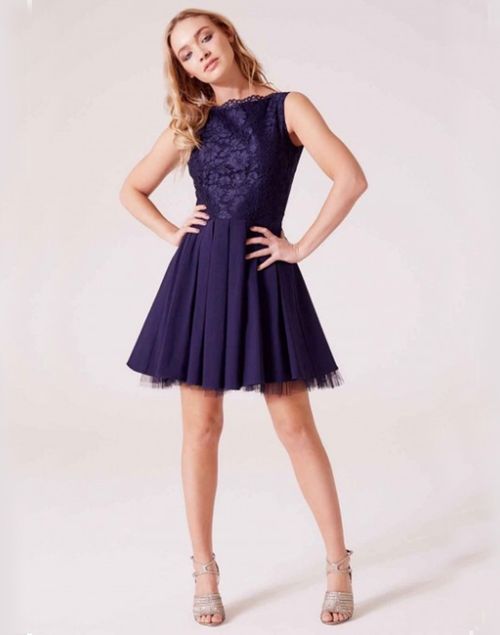 Cocktail dress with pleated flare skirt and lace bodice