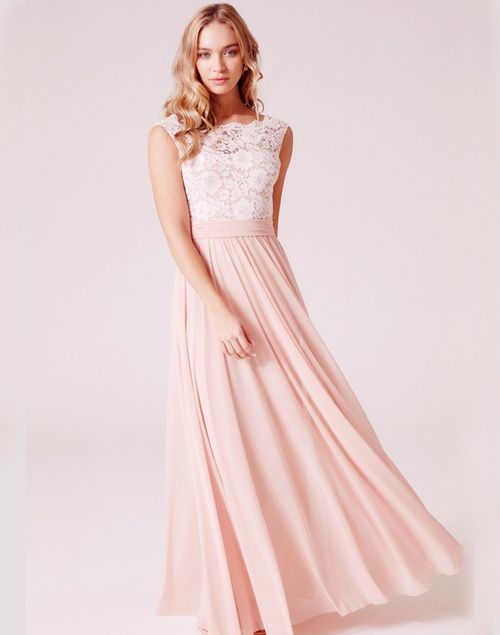 Long powder pink party dress with lace bodice - Emilia