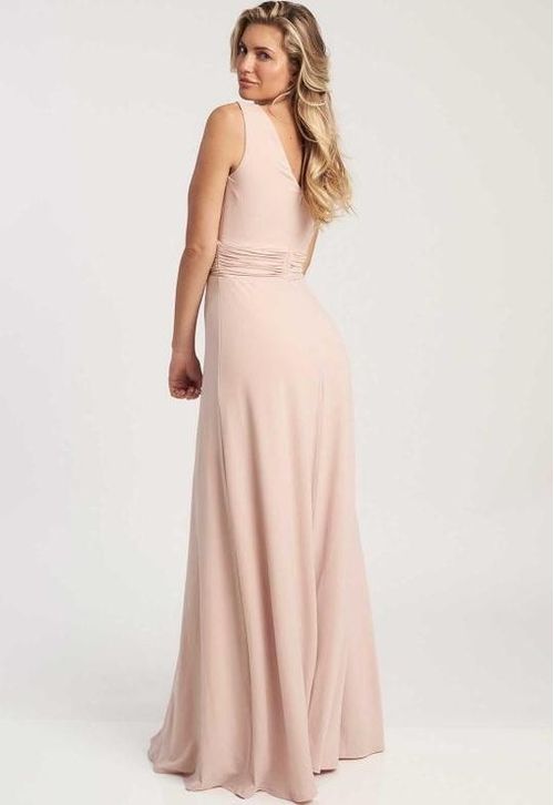 Long powder pink V-neck prom dress - Wool