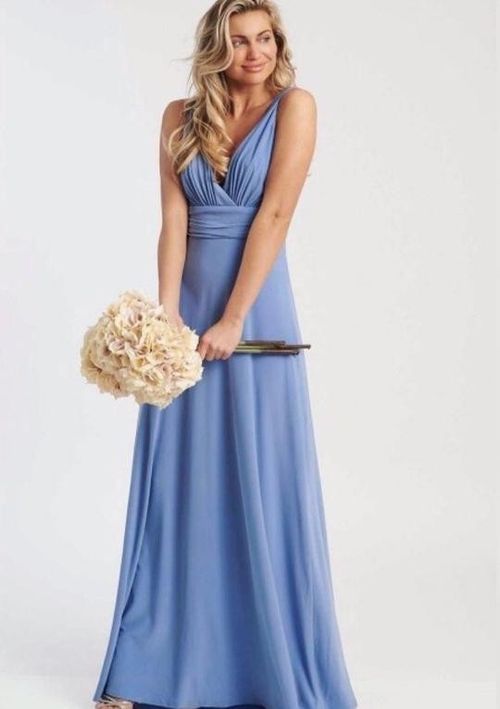 Long light blue cocktail dress with v-neckline - wool