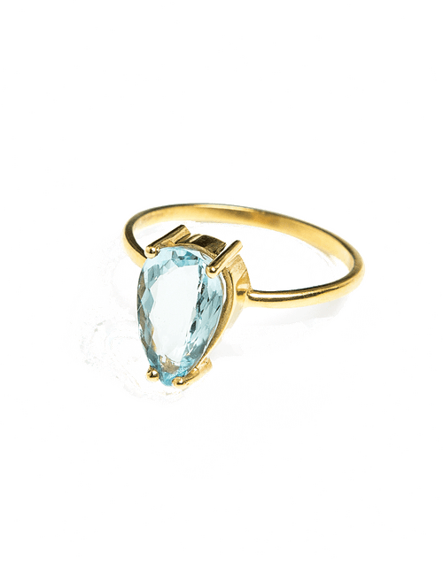Golden ring with natural stone in the shape of an aquamarine drop