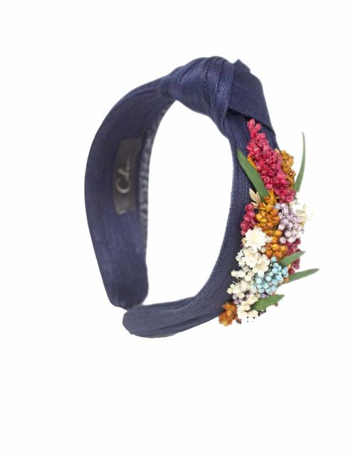 Navy blue headband with floral trim on the side
