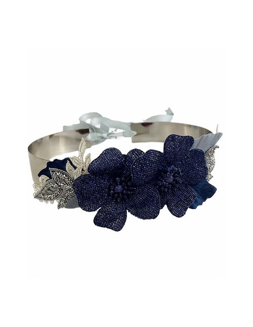 Navy blue belt with floral details and rhinestones