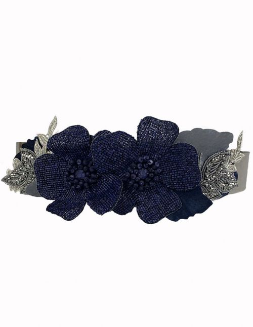 Navy blue belt with floral details and rhinestones