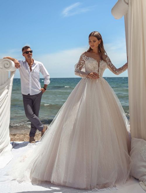 Princess wedding dress with beautiful embroidered bodice and long tatoo-effect sleeves