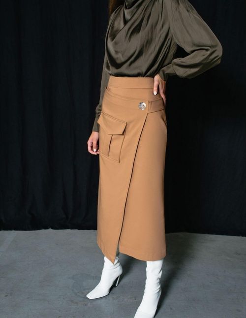 Brown asymmetric midi skirt with front pocket