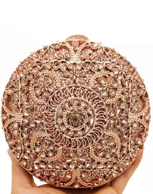 Bolso de mano joya con pequeñas flores de metal y Swarovski circular