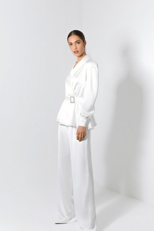 Bridal jacket-trousers set with lapels and belt with decorative buckle