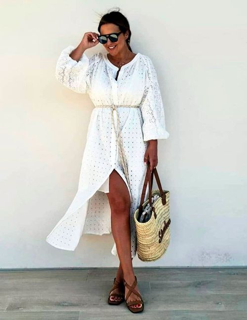 White long-sleeved midi dress with embroidered flowers and polka dots - Paula Echevarria