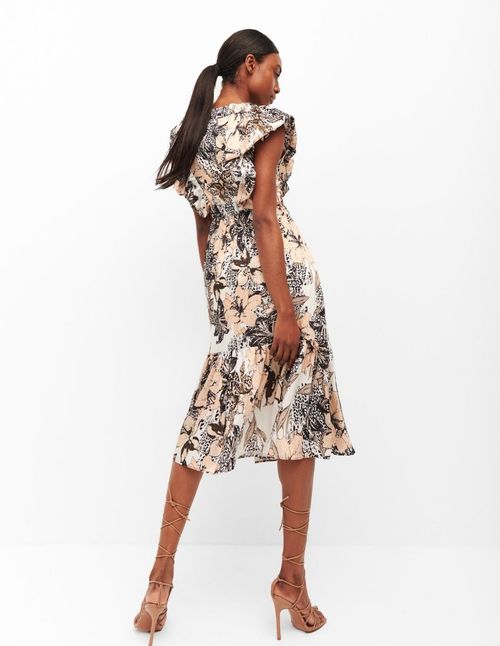 Midi party dress with palm and flower print