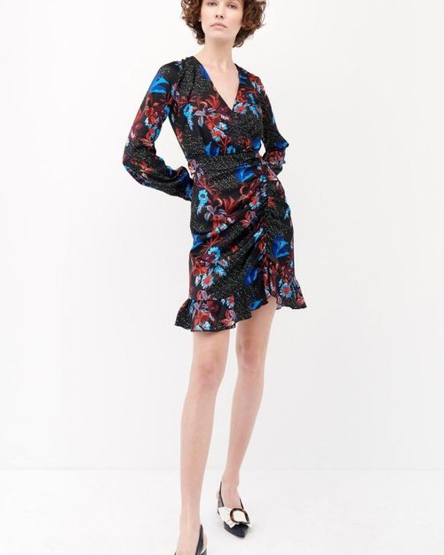Black cocktail dress with floral print