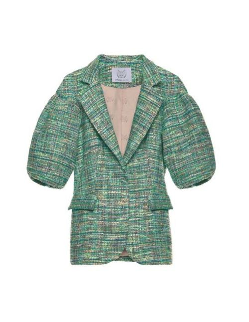 Green tweed blazer with puff sleeves