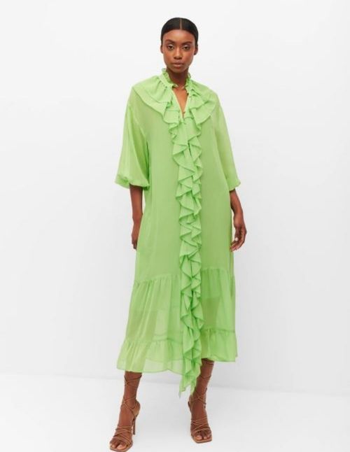 Green silk chiffon midi dress with ruffles