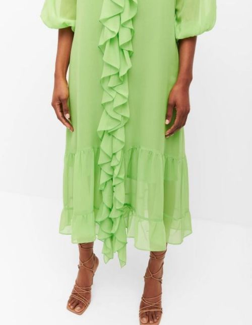 Green silk chiffon midi dress with ruffles