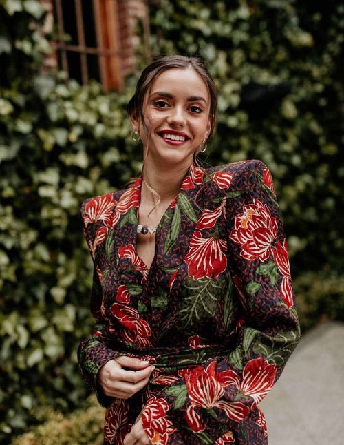Double-breasted blazer with floral print and tuxedo collar