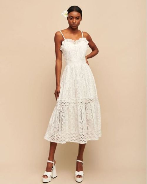 White midi party dress with straps and English embroidery