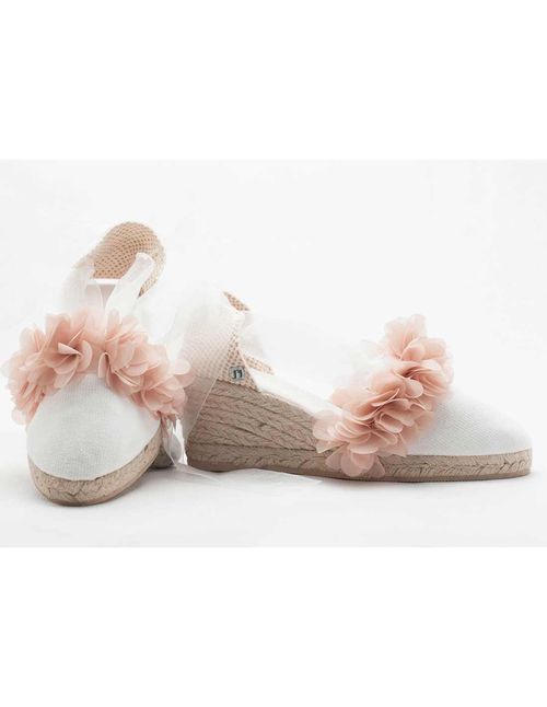White canvas wedge espadrille with chiffon floral decoration - various colors