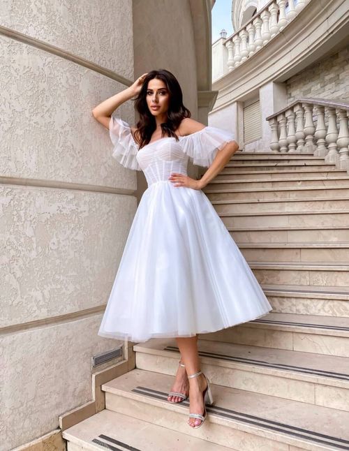 Tiered White Tulle Midi Dress With Drop Shoulder Neckline