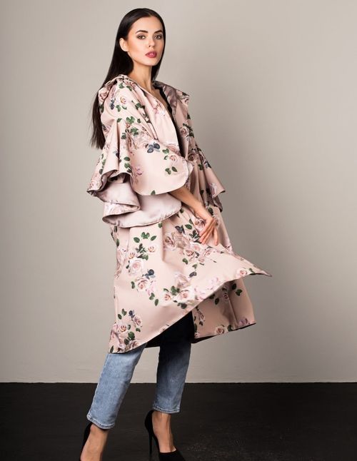 Floral print ruffle raincoat