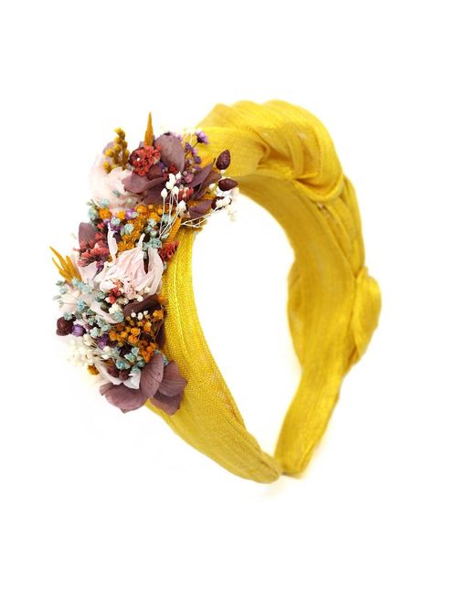 Sinamay mustard wrinkled headband with preserved natural flowers and leaves