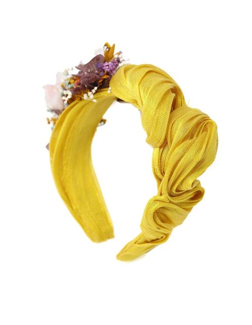Sinamay mustard wrinkled headband with preserved natural flowers and leaves