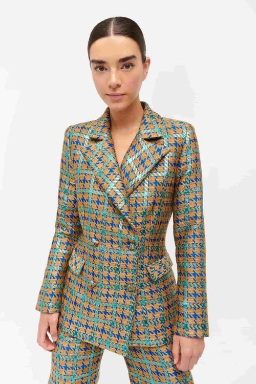 Printed blazer in green and blue tones with double buttoning and maxi lapel