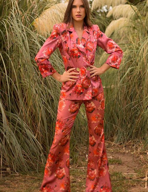 Tuxedo jacket suit with flared trousers and floral print