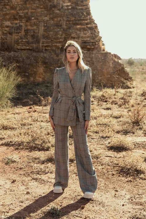 Welsh check print straight high-waisted trousers