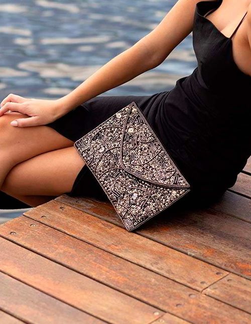 Envelope-shaped party bag with beads and sequins in black