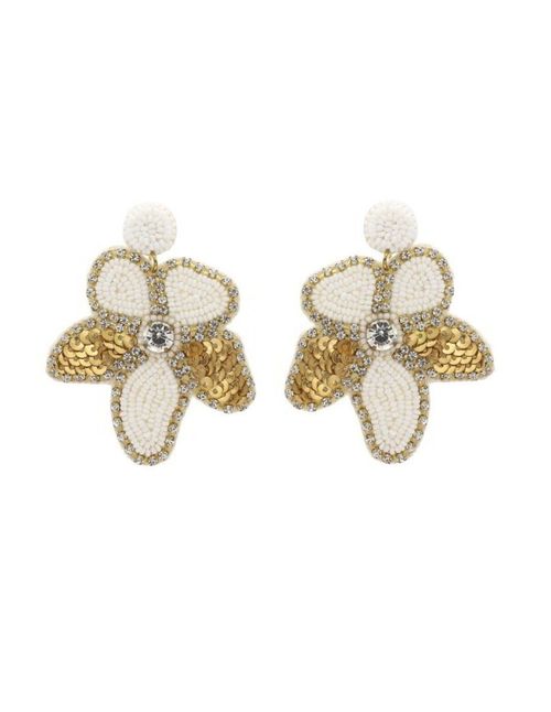 Party earrings in gold and white tones with beads and sequins