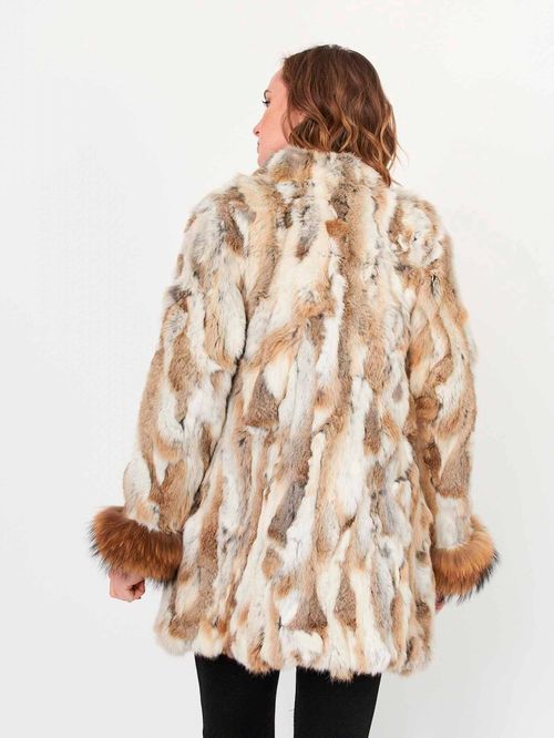 Brown and beige rabbit fur coat with cuffs