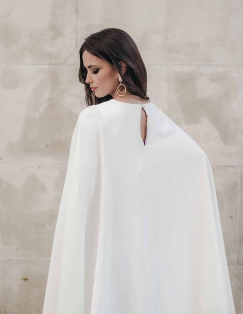 Midi wedding dress with cape and teardrop closure