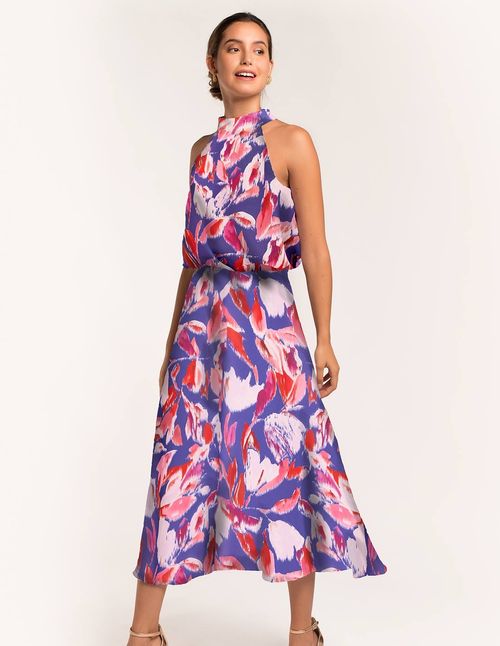 Printed midi dress with halter neck and flared skirt