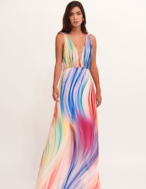 Long multicolored party dress with open back