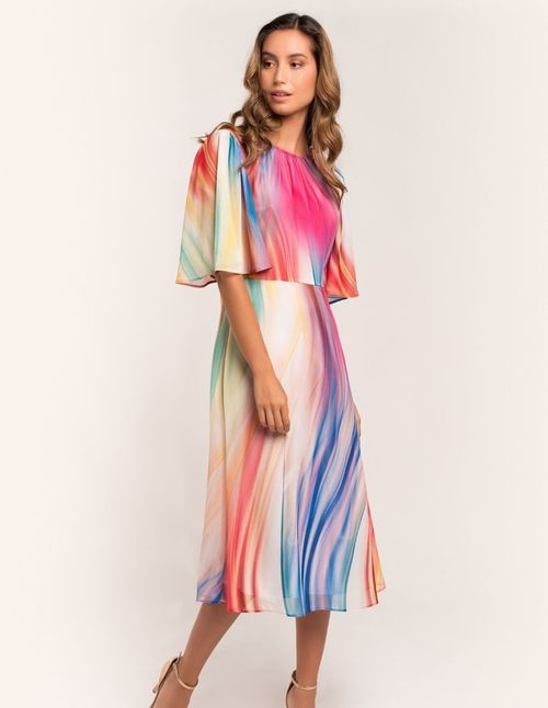 Multicolored midi dress with short flared sleeves and crew neck