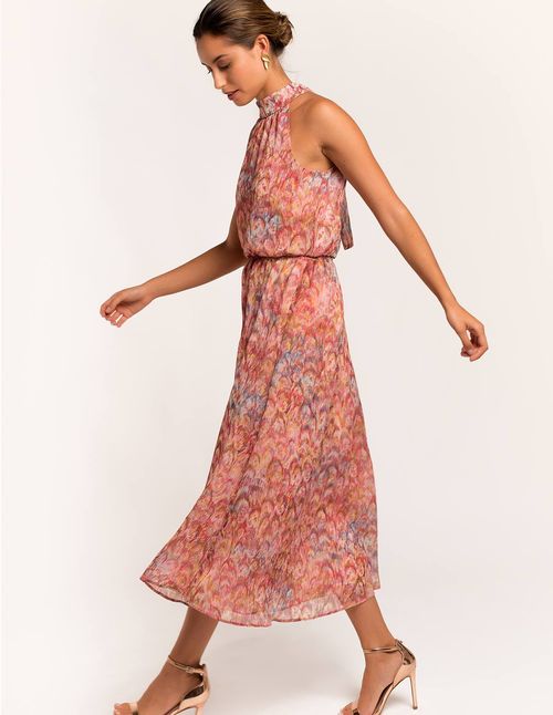 Printed midi dress with halter neck and bow