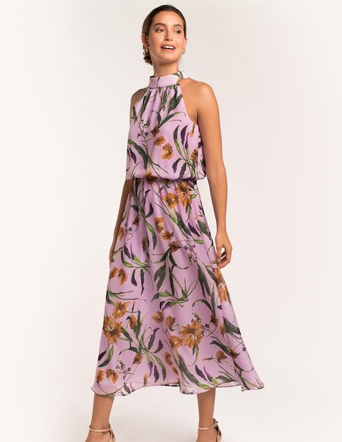 Halter Neck Floral Print Party Midi Dress