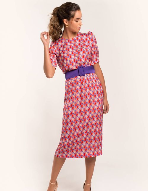 Printed short-sleeved midi party dress with belt