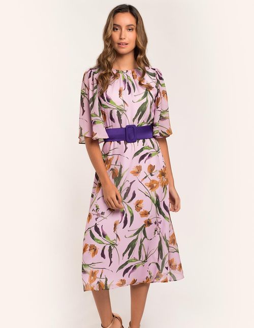 Midi party dress with floral print and belt