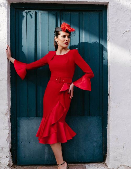 Red midi dress with ruffles