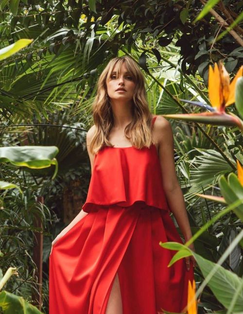 Red maxi ruffle party top with straps
