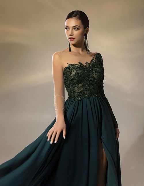 Long asymmetrical party dress with beading and chiffon skirt