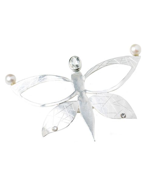 Silver headdress in the shape of a butterfly with quartz and pearls