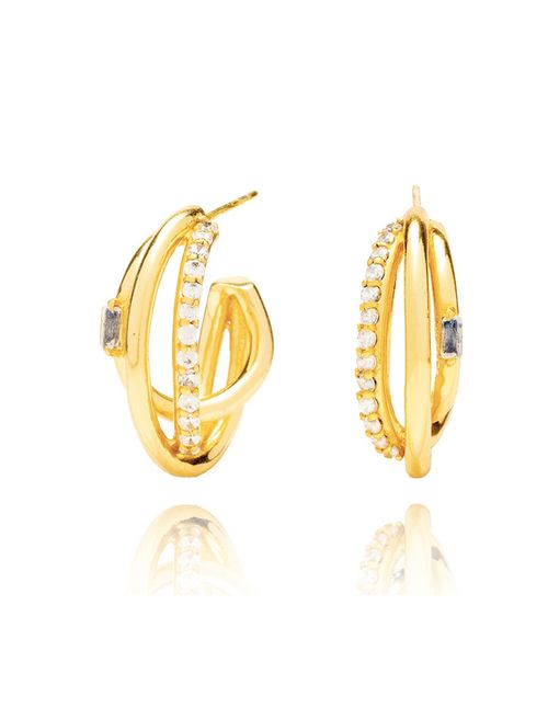 Triple golden hoop earrings with white zircons