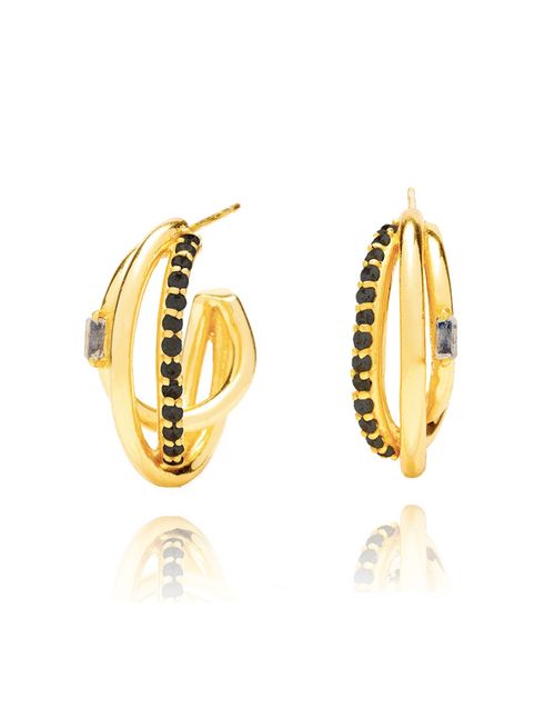 Triple golden hoop earrings with black zircons