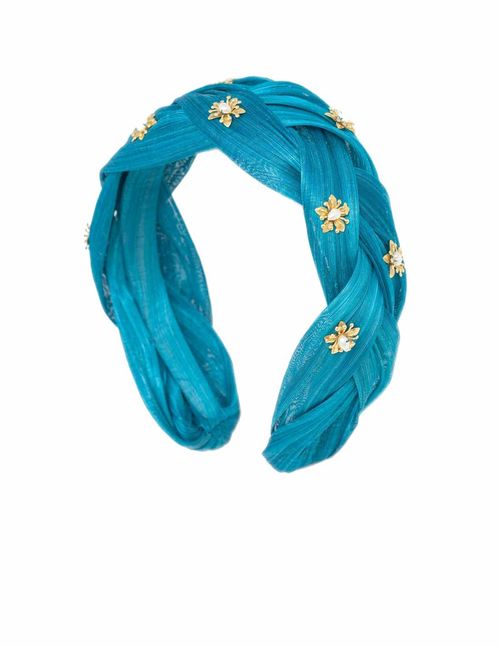 Blue braided headband with gold flower embellishment