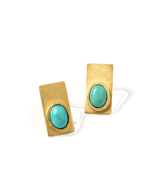 Rectangular golden earrings with turquoise natural stone